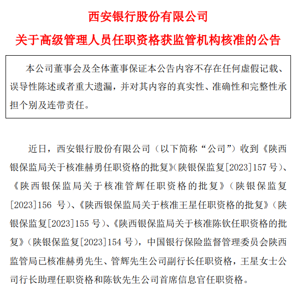 西安银行：赫勇、管辉副行长等高管任职资格获准 银行 西安银行 任职资格 行业新闻 第1张