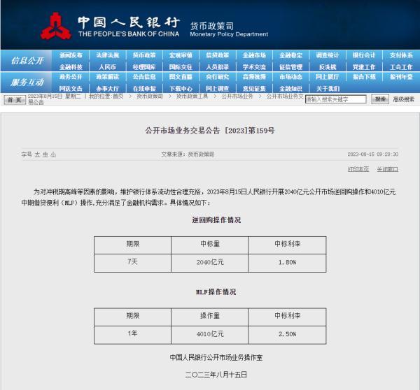 人民银行：MLF利率和逆回购利率分别下调15个和10个基点