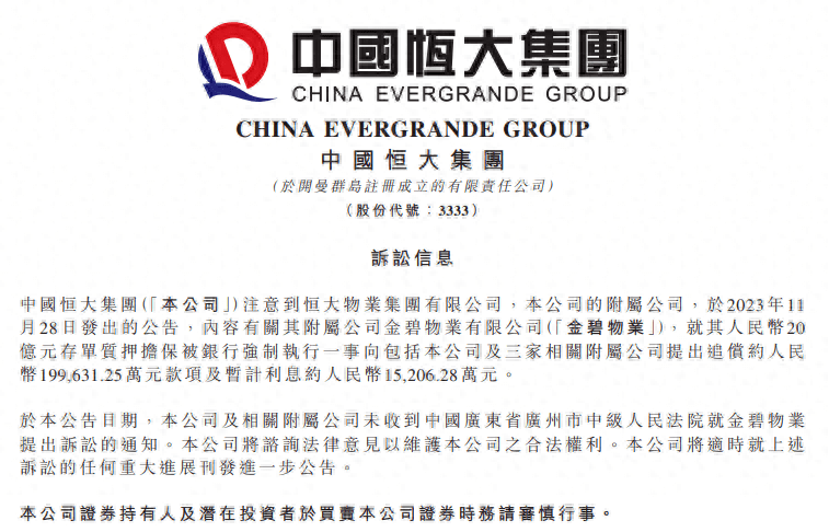 “134亿存款质押”后续，中国恒大：没有收到诉讼通知