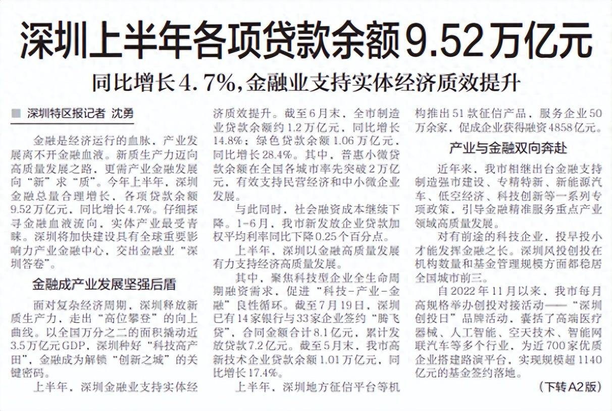 【深圳特区报】深圳上半年各项贷款余额9.52万亿元