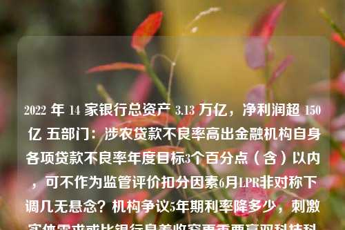 2022 年 14 家银行总资产 3.13 万亿，净利润超 150 亿 五部门：涉农贷款不良率高出金融机构自身各项贷款不良率年度目标3个百分点（含）以内，可不作为监管评价扣分因素6月LPR非对称下调几无悬念？机构争议5年期利率降多少，刺激实体需求或比银行息差收窄更重要赢双科技科创板IPO获受理 比亚迪为第一大客户医美、宠物行业处于绝对量快速增长阶段南岭民爆：子公司中标47亿元日常经营合同；上海机场：虹桥国际机场5月旅客吞吐量同比增长15393.78%相关产品尚未形成收入！20CM高速光模块概念股
