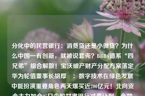分化中的民营银行：消费贷还是小微贷？为什么中国一有创新，就被说套壳？BBBA德系“四兄弟”组合解散！宝沃破产财产分配方案落定华为轮值董事长胡厚崑：数字技术在绿色发展中能扮演重要角色两天爆买近200亿元！北向资金大力加仓25只个股甘肃银行减费让利、金融惠民 点亮“夜经济”巴基斯坦驻华大使哈克：中巴经济走廊为未来的发展奠定坚实基础次高端白酒竞争加剧 水井坊称选聘总经理仍在进行时华润集团董事长王祥明：高度关注新型储能产业链等三个方向“80后”老总猝然离世...这病越来越年轻化基金周报：一周五连涨，上次