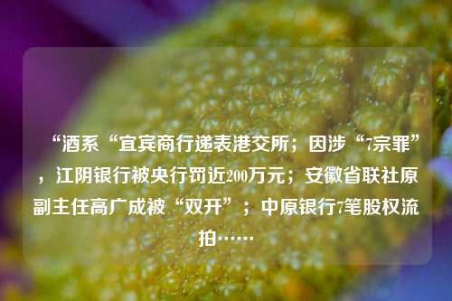 “酒系“宜宾商行递表港交所；因涉“7宗罪”，江阴银行被央行罚近200万元；安徽省联社原副主任高广成被“双开”；中原银行7笔股权流拍……