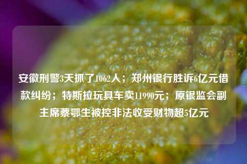 安徽刑警3天抓了1062人；郑州银行胜诉6亿元借款纠纷；特斯拉玩具车卖11990元；原银监会副主席蔡鄂生被控非法收受财物超5亿元
