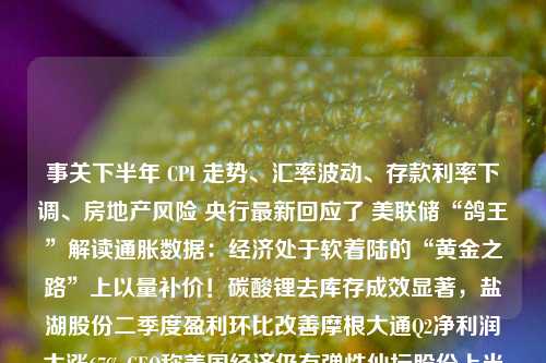 事关下半年 CPI 走势、汇率波动、存款利率下调、房地产风险 央行最新回应了 美联储“鸽王”解读通胀数据：经济处于软着陆的“黄金之路”上以量补价！碳酸锂去库存成效显著，盐湖股份二季度盈利环比改善摩根大通Q2净利润大涨67% CEO称美国经济仍有弹性仙坛股份上半年净利同比预增10倍；众兴菌业、益生股份、敦煌种业预计上半年同比扭亏；正邦科技被强制执行2.38亿汽车金融公司新管理办法8月11日施行：公司治理等方面做出较大调整刚砸浪潮8个亿，转手把“千亿大象”买涨停！“章盟主”再秀“钞能力”民和股份：上