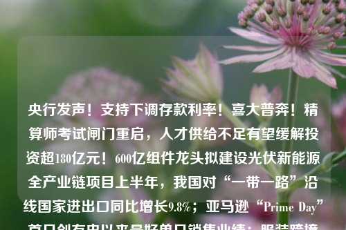 央行发声！支持下调存款利率！喜大普奔！精算师考试闸门重启，人才供给不足有望缓解投资超180亿元！600亿组件龙头拟建设光伏新能源全产业链项目上半年，我国对“一带一路”沿线国家进出口同比增长9.8%；亚马逊“Prime Day”首日创有史以来最好单日销售业绩；服装跨境电商赛维时代登陆创业板德方纳米：上半年预亏 预计下半年业绩将逐渐向好中信建投研：“三低”触底“二强”催化 白酒板块有望迎中期拐点消费疲软叠加挤压式增长 多家中小酒企半年业绩不及预期互联网金融，最严监管时代，盛宴永不眠保护创新成果！顺义