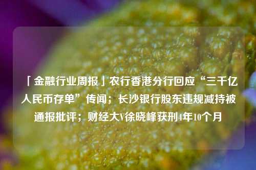 「金融行业周报」农行香港分行回应“三千亿人民币存单”传闻；长沙银行股东违规减持被通报批评；财经大V徐晓峰获刑4年10个月